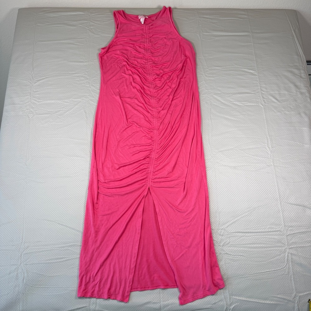 Future Collective Alani Noelle Hot Pink Ruched Front High Slit Maxi Dress Size L